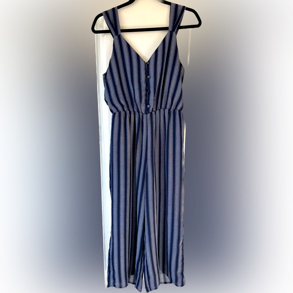 Wide Leg Striped Navy Jumpsuit with Tie Detail